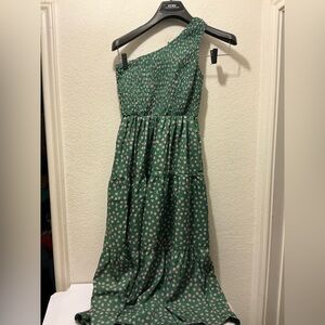 NLT Elegant Green Floral One-Shoulder Dress made in LA